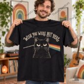 Pink Floyd Cat Wish You Were Not Here Shirt 1 Man wearing a black t-shirt with a grumpy cat design inspired by a classic rock album prism graphic