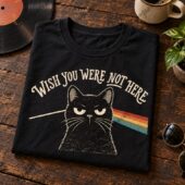 Pink Floyd Cat Wish You Were Not Here Shirt 2 Black t-shirt featuring a grumpy cat graphic with a prism rainbow