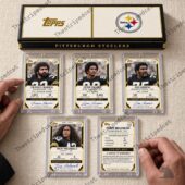 Collection of Pittsburgh Steelers Topps trading cards in protective cases
