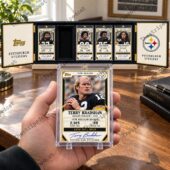 Hand holding a Terry Bradshaw graded Topps football card in front of a Pittsburgh Steelers collectible display case