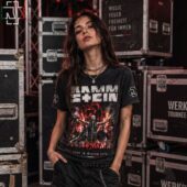 Woman wearing a vintage-wash Rammstein Live in Mexico City t-shirt.