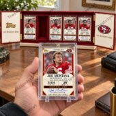 San Francisco 49ers Football Card Collectors Box Set 2 Handheld Joe Montana Topps San Francisco 49ers card with display case of 49ers legends