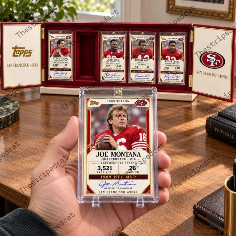 San Francisco 49ers Football Card Collectors Box Set 3 Handheld Joe Montana Topps San Francisco 49ers card with display case of 49ers legends