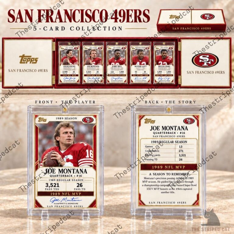San Francisco 49ers Football Card Collectors Box Set 4 San Francisco 49ers 5-card Topps collection featuring Joe Montana and Jerry Rice