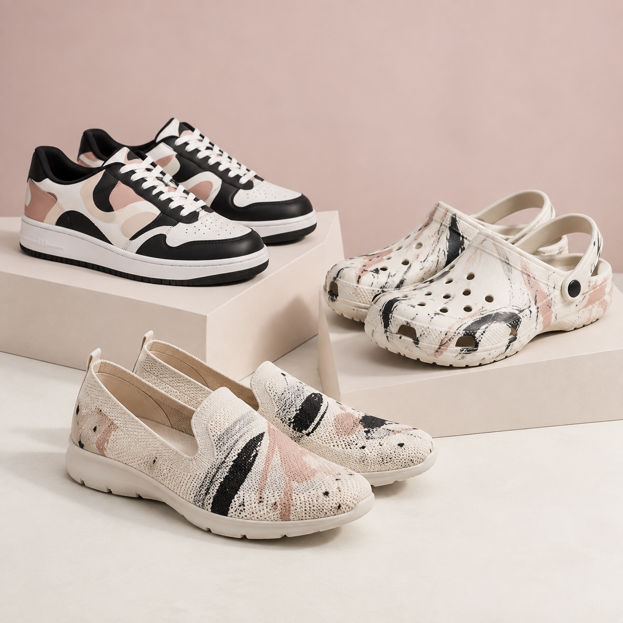 Collection of casual footwear featuring sneakers, slip-ons, and clogs