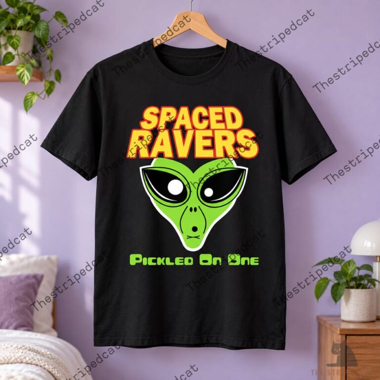 Spaced Ravers Pickled On One Shirt 3 Black t-shirt featuring a green alien face graphic with Spaced Ravers text
