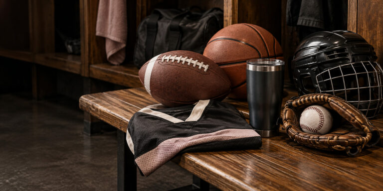 Satisfieddrinkware tumbler sitting on a wooden bench among various sports equipment in a locker room