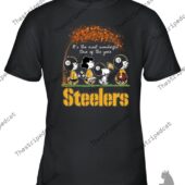Steelers It's The Most Wonderful Time Of The Year Shirt 4 Peanuts characters wearing Pittsburgh Steelers gear on a black t-shirt