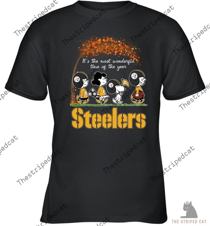 Steelers It's The Most Wonderful Time Of The Year Shirt 7 Peanuts characters wearing Pittsburgh Steelers gear on a black t-shirt