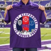 Person wearing a purple TCU Horned Frogs First Responders t-shirt