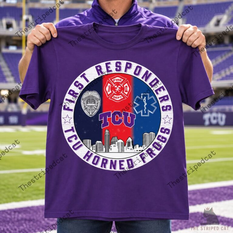 Person wearing a purple TCU Horned Frogs First Responders t-shirt