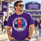 Man wearing a purple TCU Horned Frogs First Responders t-shirt at a stadium