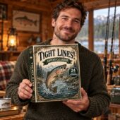 Man holding a Tight Lines fishing-themed advent calendar
