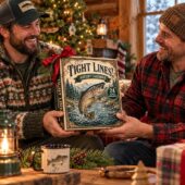 Two men holding a Tight Lines fishing-themed advent calendar with 24 acrylic ornaments.