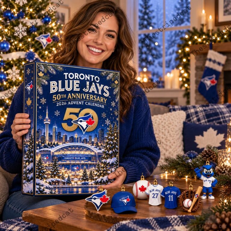 Woman holding a Toronto Blue Jays 50th Anniversary 2026 advent calendar.