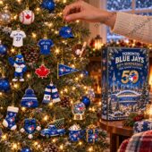 Toronto Blue Jays 50th Anniversary advent calendar and team-themed Christmas tree ornaments.