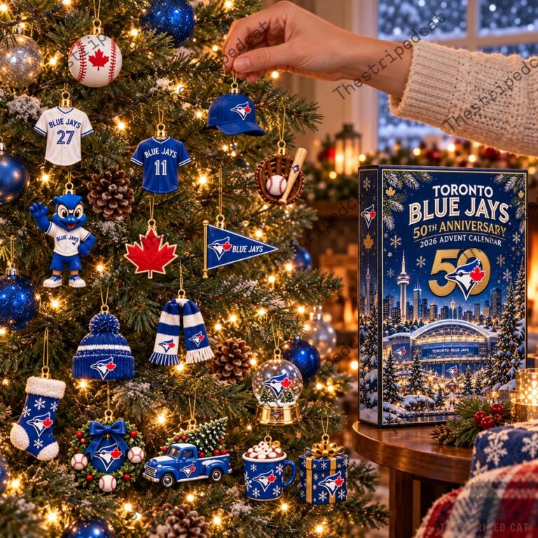 Toronto Blue Jays 50th Anniversary advent calendar and team-themed Christmas tree ornaments.