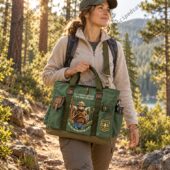 Woman hiking carrying a green Smokey Bear 120th anniversary tote bag