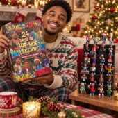 Man holding a 24-day hip-hop legends advent calendar with collectible figures.