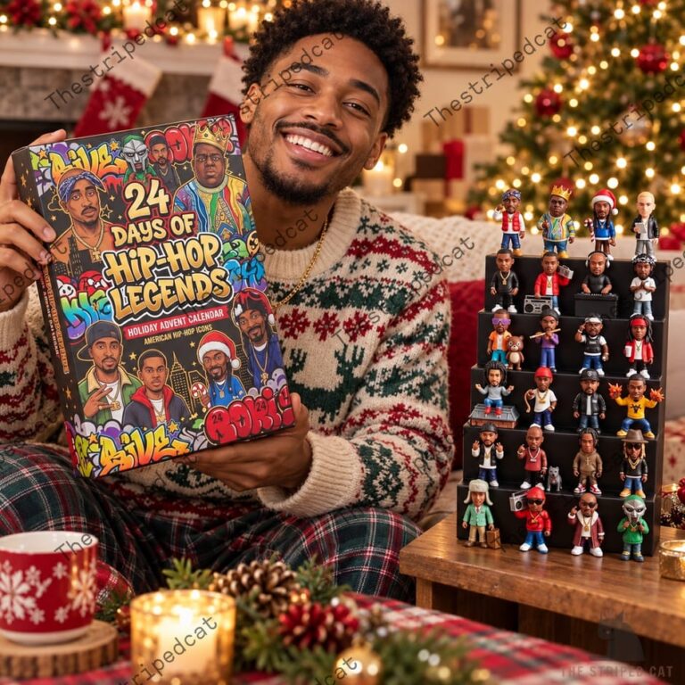 Man holding a 24-day hip-hop legends advent calendar with collectible figures.