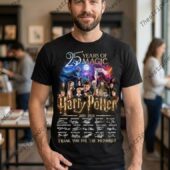 Man wearing a 25 Years of Magic Harry Potter tribute t-shirt from TheStripedcat