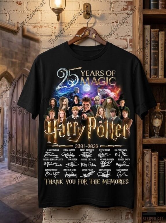 Harry Potter 25th Anniversary black t-shirt with cast signatures