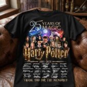 Black Harry Potter 25th anniversary commemorative t-shirt with cast photos and signatures from TheStripedcat.