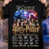 Harry Potter 25 Years of Magic memorial t-shirt with character collage and cast signatures.