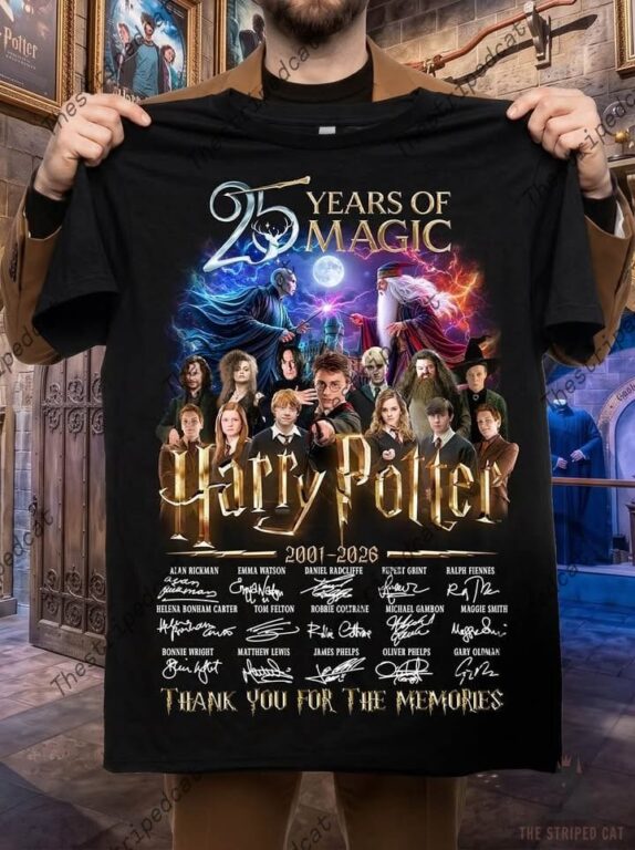 Harry Potter 25 Years of Magic memorial t-shirt with character collage and cast signatures.