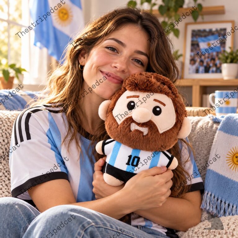 Argentina Lionel Messi Chibi Shape Pillow 4 A woman holding a plush toy of a bearded soccer player in an Argentina jersey from TheStripedcat.