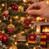 AS Roma themed Christmas ornaments hanging on a tree