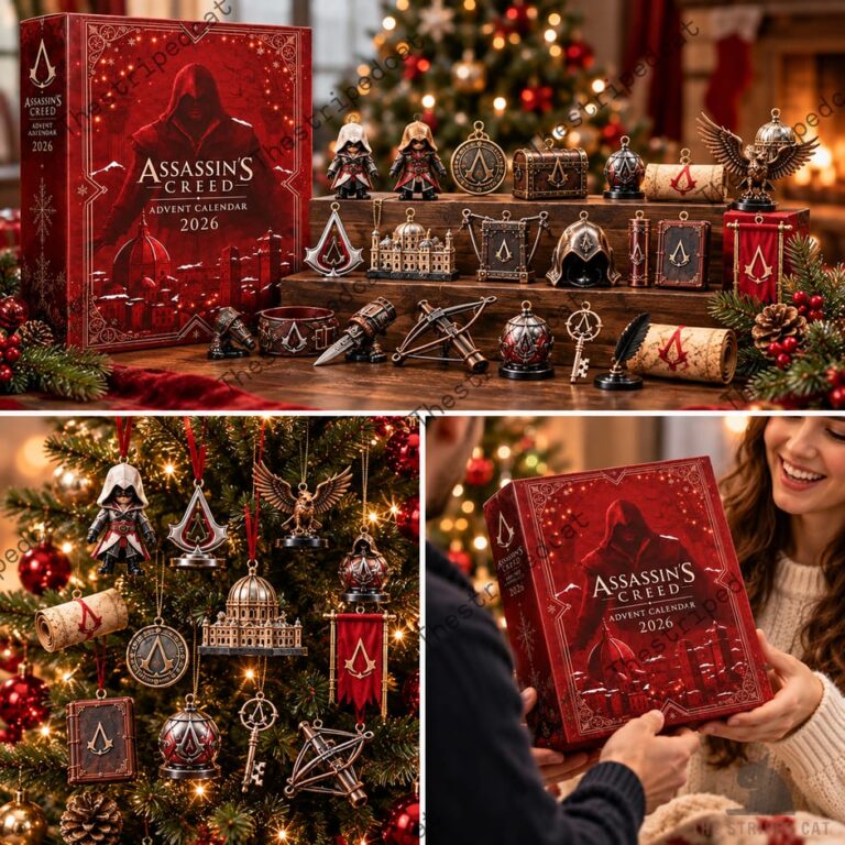 Assassin’s Creed Advent Calendar 2026 6 Assassin's Creed 2026 advent calendar featuring miniature collectibles and holiday decorations.