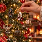 Assassin's Creed Holiday Advent Calendar 2026 2 Hand hanging an Assassin's Creed Christmas ornament on a decorated tree