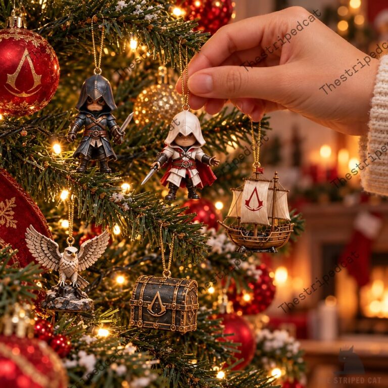 Assassin's Creed Holiday Advent Calendar 2026 4 Hand hanging an Assassin's Creed Christmas ornament on a decorated tree