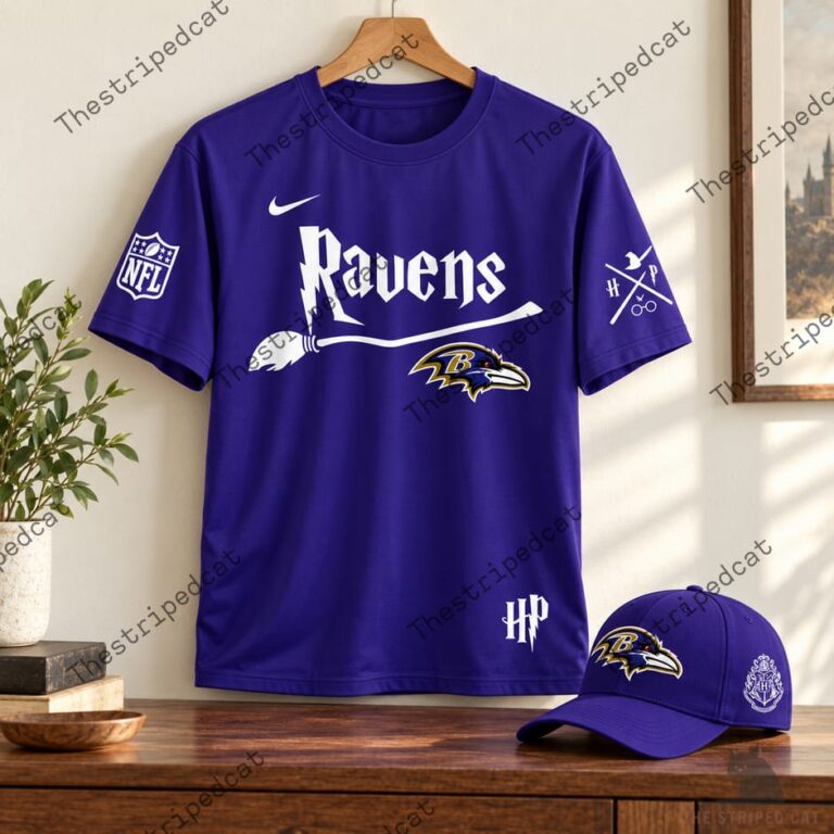 Baltimore Ravens and Harry Potter crossover purple t-shirt and hat set