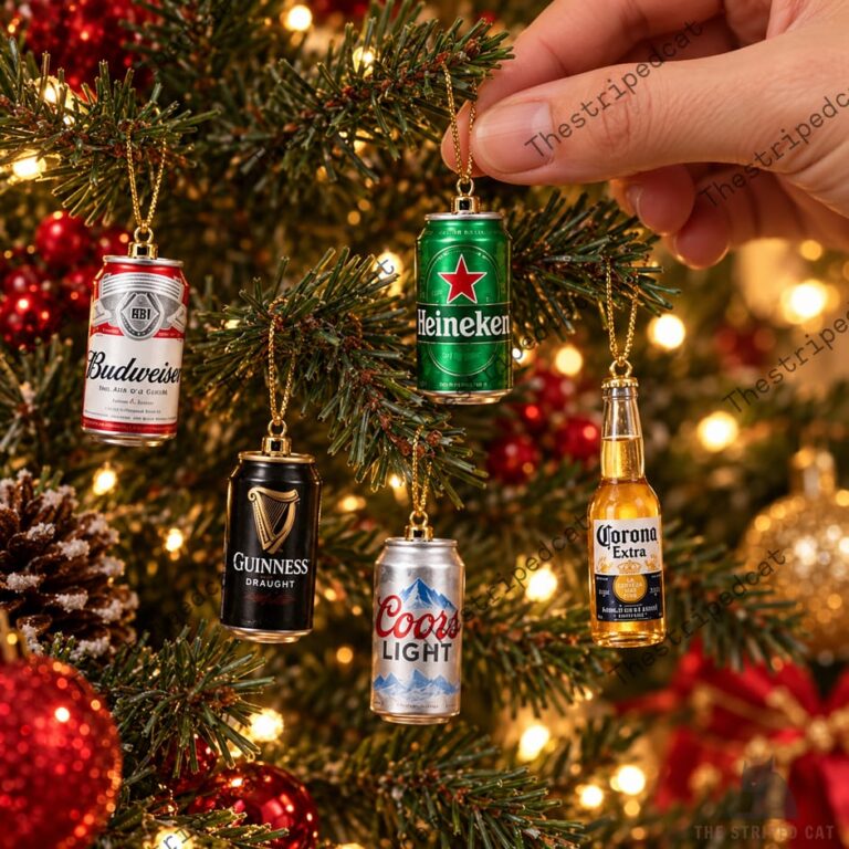 A hand hangs a variety of miniature beer can and bottle Christmas tree ornaments.
