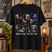 Black Bob Seger graphic t-shirt featuring concert photos from the Travelin' Man Final Tour