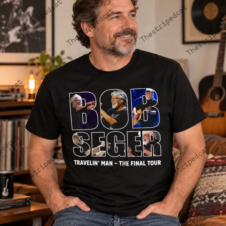 Man wearing a black Bob Seger Travelin' Man The Final Tour t-shirt.