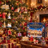 Buckingham Palace Advent Calendar 2026 2 Buckingham Palace 2026 advent calendar surrounded by British-themed Christmas ornaments.