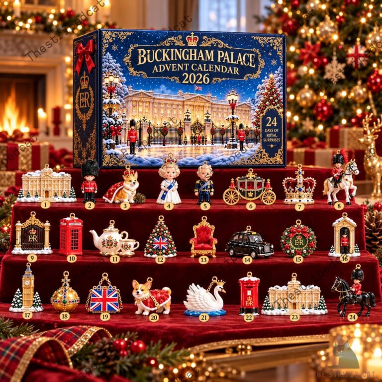 Buckingham Palace Advent Calendar 2026 5 Buckingham Palace 2026 advent calendar with miniature British themed ornaments.