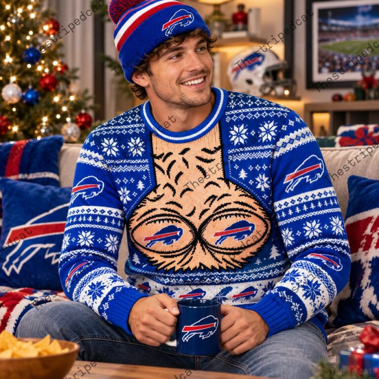 Buffalo Bills Merch Hairy Chest Ugly Christmas Sweater 5 Man wearing Buffalo Bills holiday sweater and matching beanie holding team mug