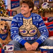 Buffalo Bills Merch Hairy Chest Ugly Christmas Sweater 2 Man wearing Buffalo Bills holiday sweater with a dog in a festive setting