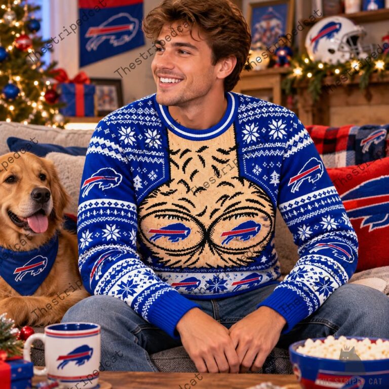 Buffalo Bills Merch Hairy Chest Ugly Christmas Sweater 4 Man wearing Buffalo Bills holiday sweater with a dog in a festive setting