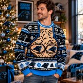 Man wearing a Carolina Panthers festive holiday sweater with a large tiger print.