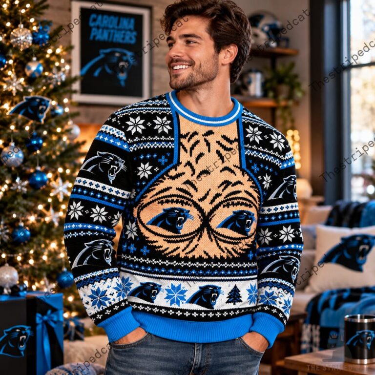 Man wearing a Carolina Panthers festive holiday sweater with a large tiger print.