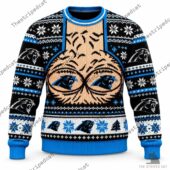 Carolina Panthers themed ugly Christmas sweater featuring team logos and patterns