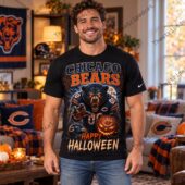 Man wearing a Chicago Bears Happy Halloween graphic t-shirt