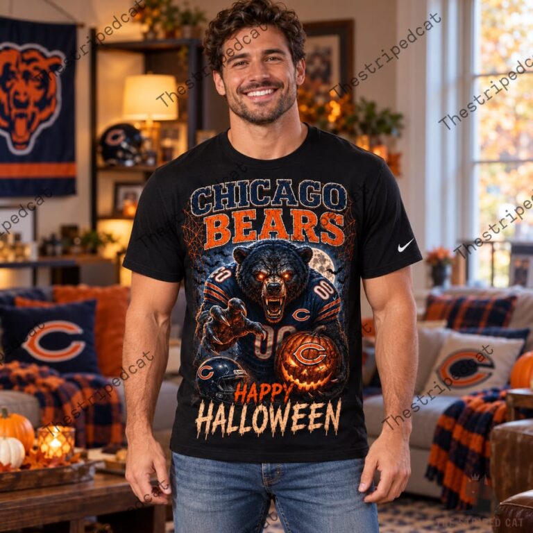 Man wearing a Chicago Bears Happy Halloween graphic t-shirt