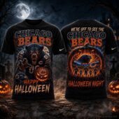 Chicago Bears Halloween themed graphic t-shirt showing front and back design