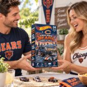 Chicago Bears Hot Wheels advent calendar held by two smiling people
